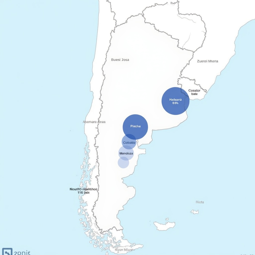 Detailed map of Argentina highlighting major urban centers with colored markers indicating different levels of real estate crowdlending activity