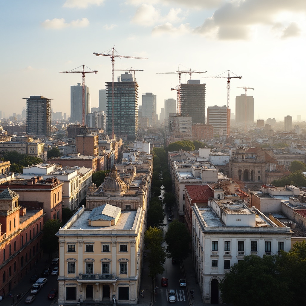 Buenos Aires skyline showing diverse architectural styles from historic buildings to modern high-rises under construction
