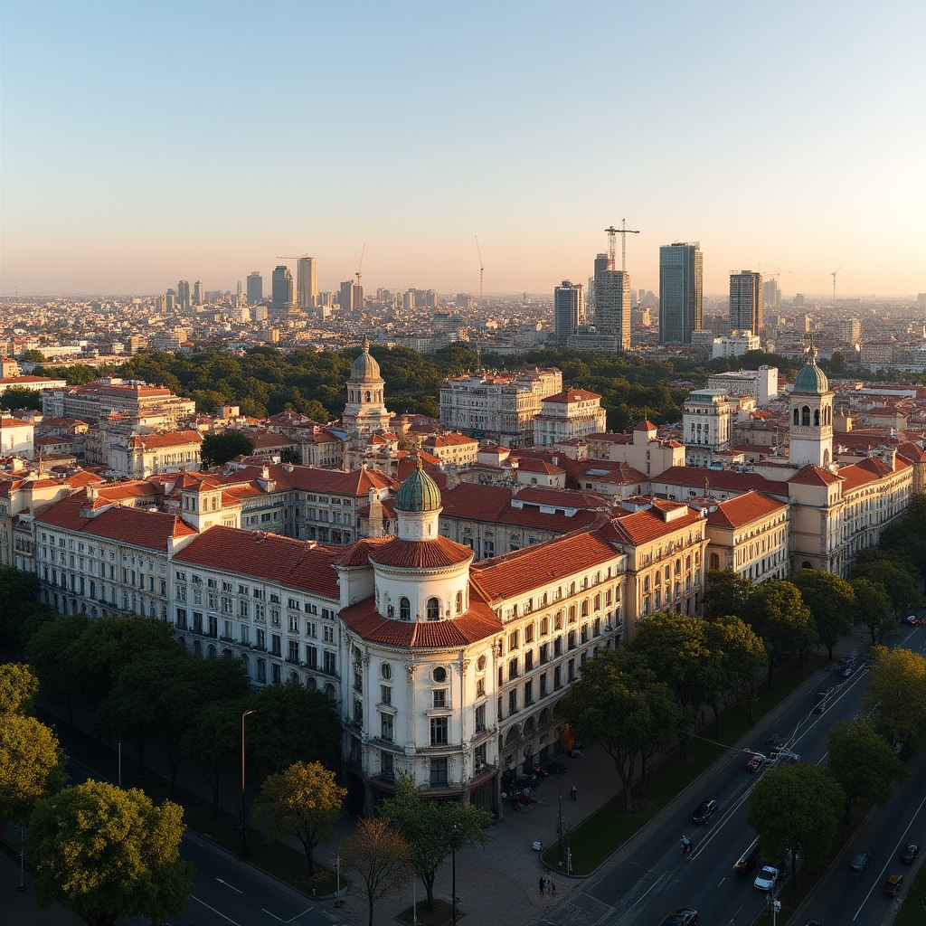 Aerial view of Buenos Aires showing mixed residential and commercial development zones with modern buildings alongside traditional architecture