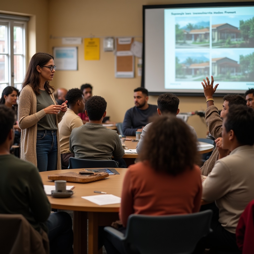 Diverse group of neighborhood residents attending a community meeting, engaged in discussion about local development with presentation visible in background