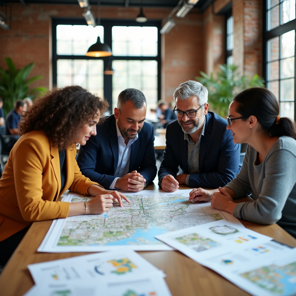 Diverse group of professionals including urban planners, investors, and community representatives reviewing urban development plans together at a collaborative workspace