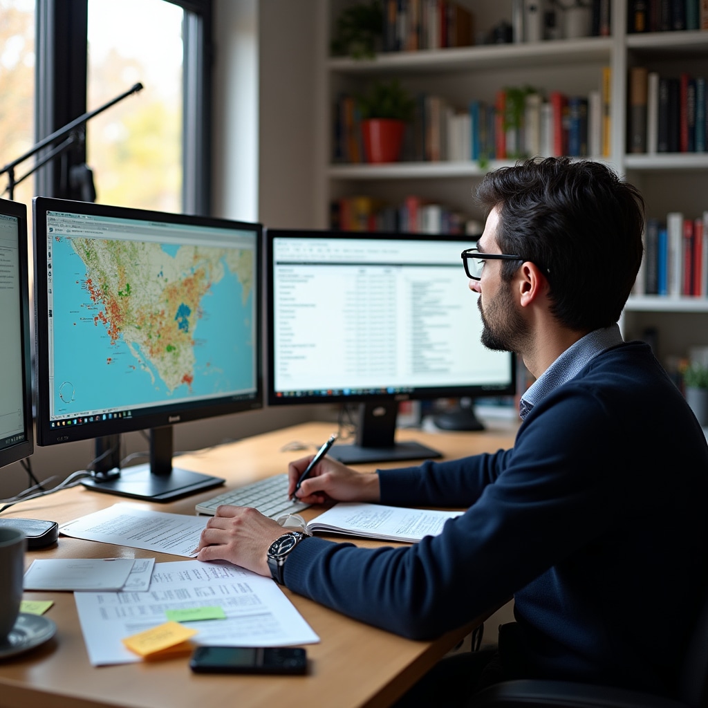 Journalist working at desk with multiple monitors displaying urban data maps, charts, and city planning documents