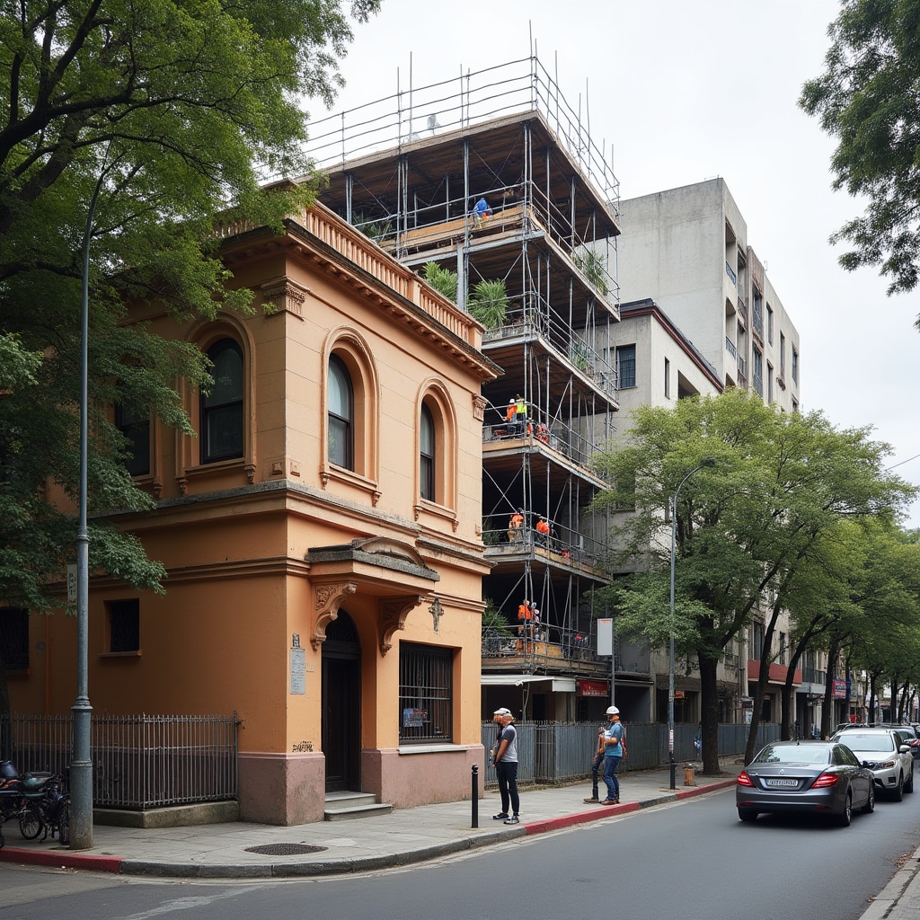 Street-level view of Palermo neighborhood showing renovated buildings next to construction sites, illustrating ongoing urban transformation