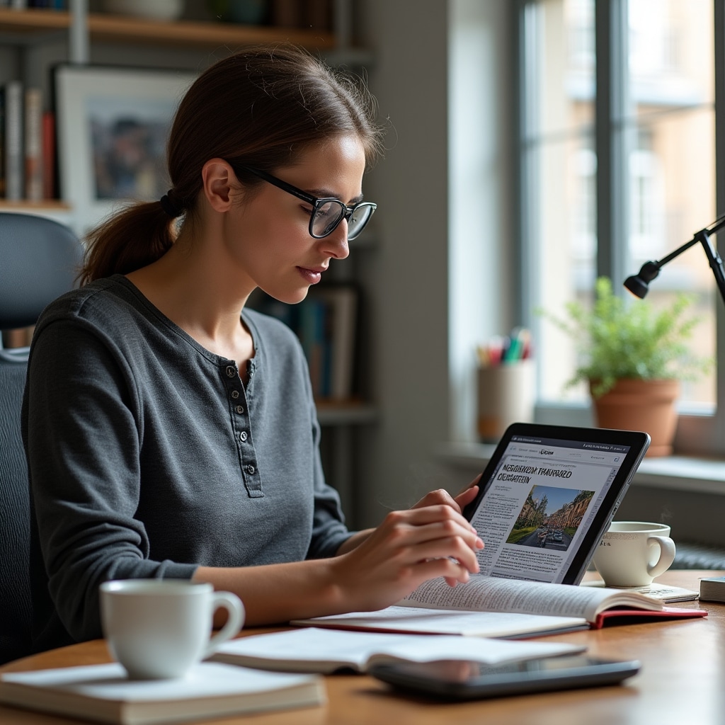 Person reading urban development articles on tablet while taking notes, with coffee and city planning books on desk in well-lit home office