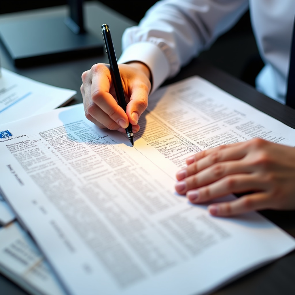 Close-up of hands reviewing official regulatory documents and legal papers related to real estate and crowdfunding regulations