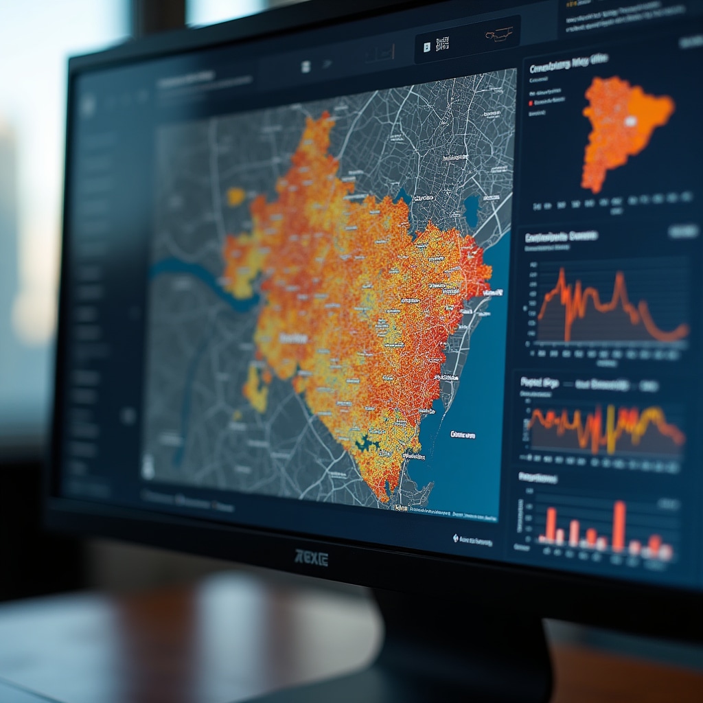 Computer screen displaying detailed urban data analysis with interactive maps, demographic charts, and real estate development statistics