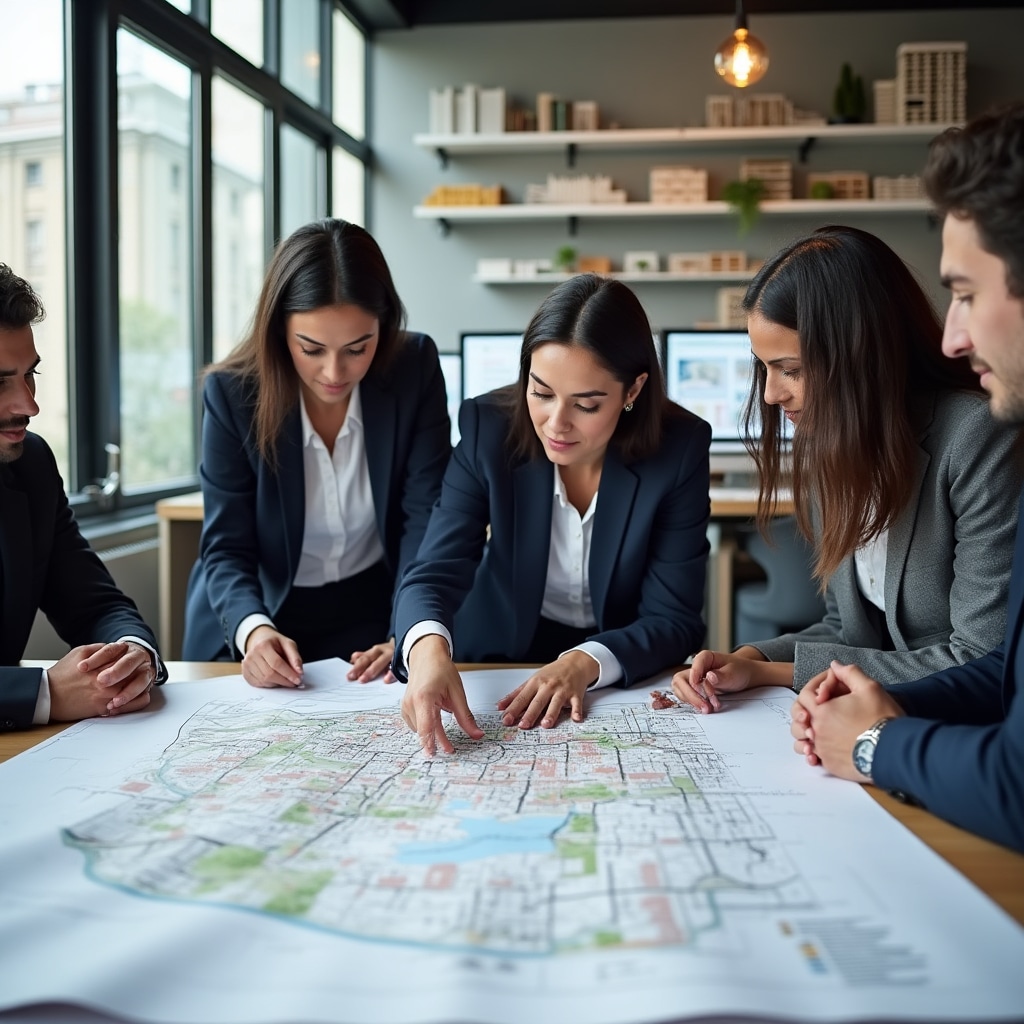 Urban planning professionals reviewing architectural blueprints and zoning maps spread across a large table with city models in background